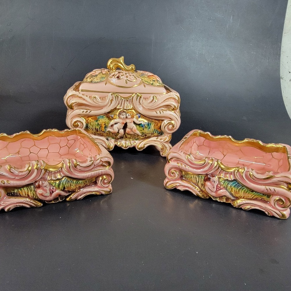 Ardalt Capo d'oro Italy‎ Pink Rose Rosa Trinket Box Handpainted Set w/ Lid 5069